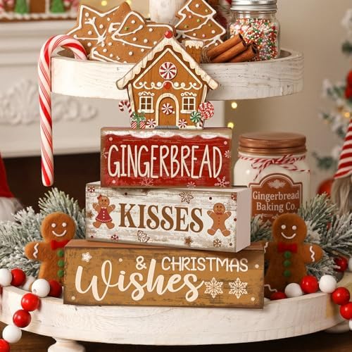 Moucuny 4 Pcs Gingerbread Christmas Decoration Wooden Tabletop Decor