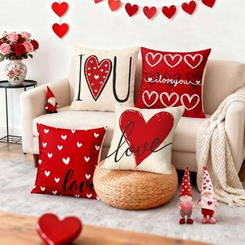 Valentines Day Decorations-Valentine Pillow Covers 18x18 Set of 4, Red Hearts I Love You Happy Valentine's Day Throw Outdoor Pillow Covers Anniversary Wedding Cushion Case for Home Sofa Couch Decor