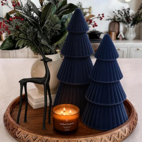 Christmas Decorations - Set of 3 Velvet Ceramic Christmas Trees(Blue)