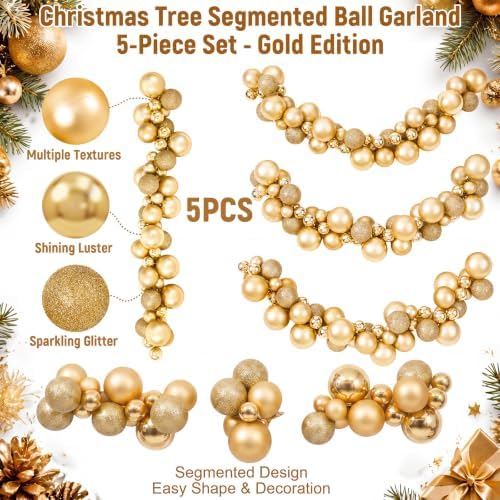 Silipull 5 Pcs 2.3 ft Large Christmas Ball Garland Ornaments, Gold