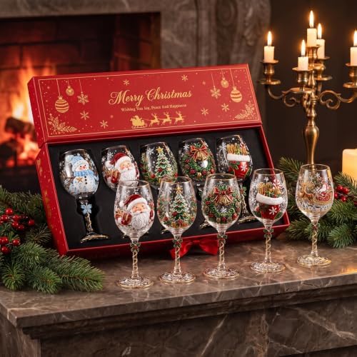 Christmas Wine Glass Collection Gift Box Set, Christmas Wine Glasses, Raised Holiday Goblet with Snowflake Decor, Festive Glassware, Wines & Cocktails, Holiday Party & Table Decor (6pcs)