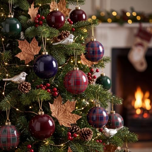 12 Pcs Plaid Christmas Ball Ornaments 3.15 Inch Green Blue Burgundy Balls