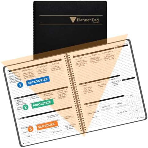 Planner Pad Spiral Bound October 2026 – September 2027 8 1/2" x 11" Large 3-Tier Funnel Down 12 Month/Weekly Organizer, Black Cover/Black Ink