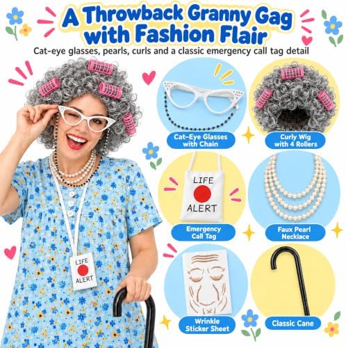 Old Lady Costume for Women, Grandma Dress Up Set for Halloween