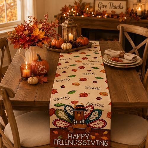 Friendsgiving Party Decorations - Happy Friendsgiving Table Runner | Thanksgiving Table Decor for Indoor Outdoor - Friendsgiving Party Favors Supplies Backdrop for Home Kitchen Dining
