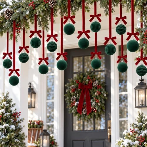 16 Sets Green Velvet Christmas Ball Ornaments with Bow Ribbon, 35" Long