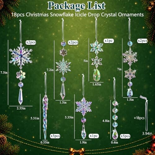 Crystal Christmas Tree Ornaments, 18pcs Iridescent Acrylic Snowflake Icicle