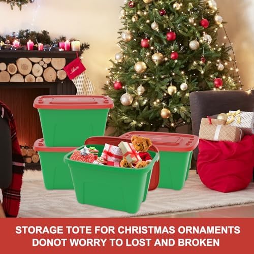 SIMPLYKLEEN 4-Pack Christmas Storage Totes with Lids - Made in USA 18-Gallon(72-Quart)Red Storage Bins,Holiday Organizer,Plastic Stackable Large Storage Boxes for Home,Office,Garage,Basement Red/Green