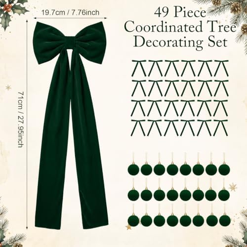 49 Pcs Dark Green Brown Christmas Tree Decoration Set with Velvet Bow Ball