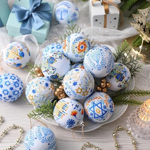 Outus 16 Pcs Hanukkah Ball Ornaments Hanukkah Hanging Ornament for Tree Blue and White Jewish Christmas Decorations for Tree Star of David Chanukah Party Decorations