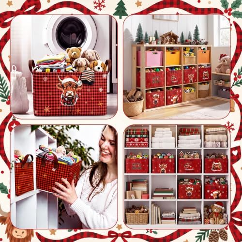 CHENGU 6 Pack Christmas Storage Basket Collapsible Christmas Basket for Gifts Highland Cow Holiday Decor Large Red Truck Bin Foldable Xmas Tree Box with Handle for Bedroom Office Home