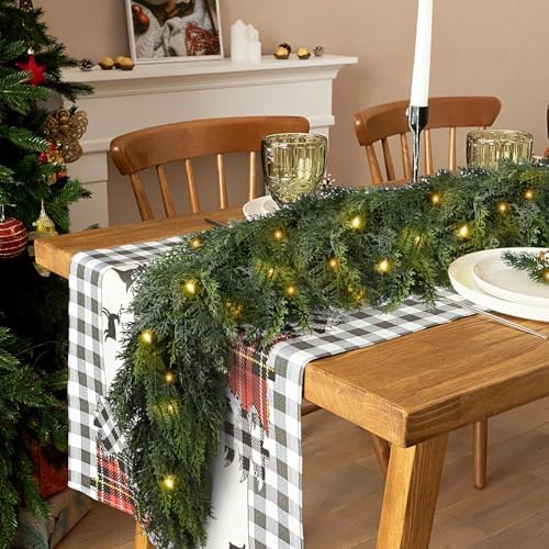 2Pcs 15FT Christmas Garland with LED Lights, Real Touch Cedar Garland Artificial Greenery Garland with 200 Cedar Branches, 8 Lighting Modes for Mantel, Table Runner, Stairs Holiday Winter Decor