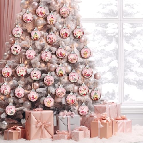 Outus 24 Pcs Christmas Tree Ornaments Ball Vintage Pink Christmas Decorations for Tree Vintage Style Santa Claus Snowman Hanging Ornaments Farmhouse Home Fireplace Decoration Holiday Party Favors