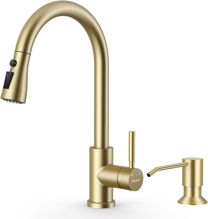 WEWE Kitchen Faucet with Pull Down Sprayer and Soap Dispenser, Gold High Arc Single Handle Stainless Steel Sink Faucet, Suitable for Farmhouse, RV & Laundry