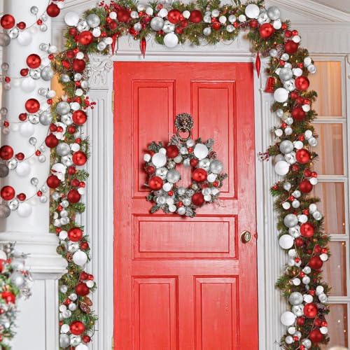2 Pcs 6 ft Christmas Ball Ornament Garland, Red, White, Silver