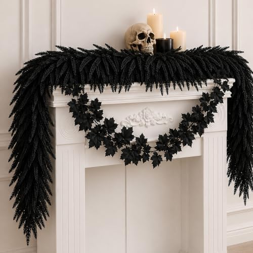 2 Pcs Black Norfolk Pine Maple Leaf Garland, Spooky Halloween Garland Set