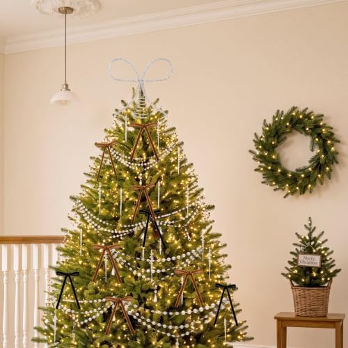 46 Pcs Christmas Tree Decorations Bow Topper Ornaments Transparent Beaded Necklace Acrylic Thread Icicle Christmas Tree Hanging Ornaments for Xmas Home Office Decorations