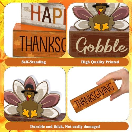 Lineshading 4 Pcs Thanksgiving Table Decoration, Turkey Wooden Block Signs