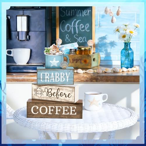 Lineshading 4 Pcs Coffee Beach Decor Wooden Blocks, Coastal Tiered Tray