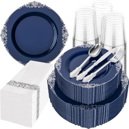 Hioasis 350 Pcs Blue Silver Plates for Graduation