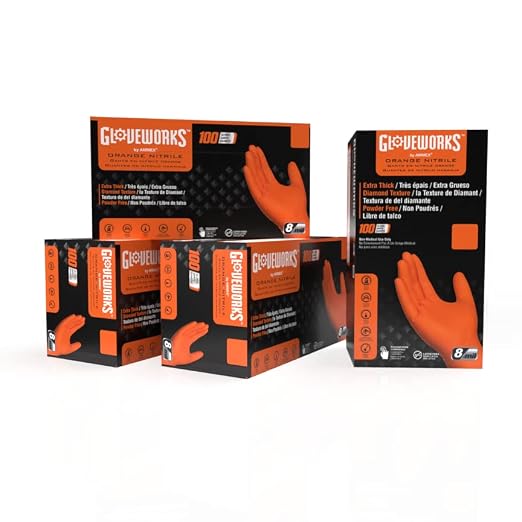 GLOVEWORKS 8 Mil Orange Nitrile Disposable Gloves Heavy Duty Industrial RDT for Mechanic and Automotive Medium 4 Boxes of 100