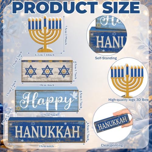 Lineshading 4 Pcs Hanukkah Table Decor for Home, Wooden Menorah Block Signs