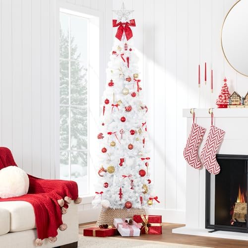 Best Choice Products White Pencil Christmas Tree 9ft Unlit Slim Decoration Without Lights, Skinny Premium Holiday Decor, Metal Stand, Easy Assembly