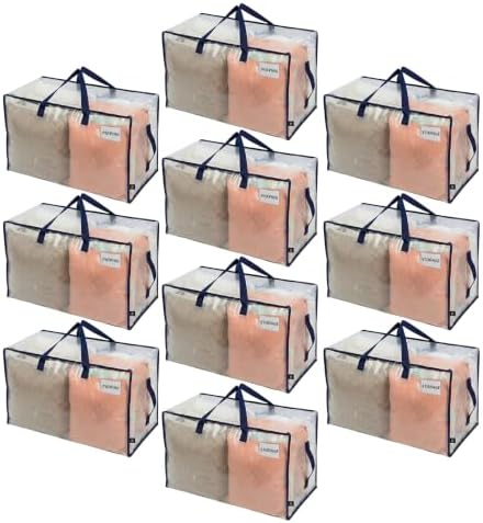 VENO 10 Pack Clear Extra Large Moving Bags & Storage Totes, Heavy Duty Organizer with Reinforced Handles & Strong Zippers for Clothes, College Dorm Essentials, Moving Supplies
