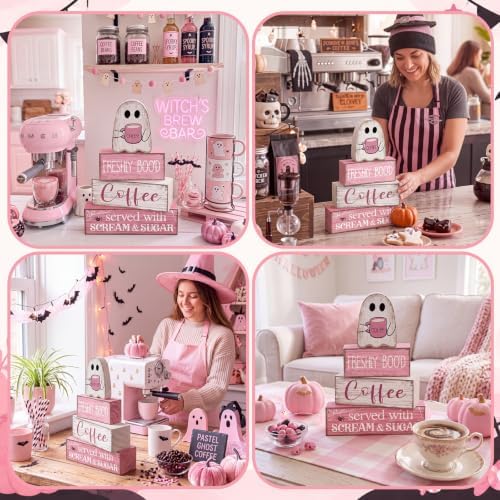 Moucuny 4 Pcs Pink Halloween Table Decorations Coffee Ghost Wooden Blocks