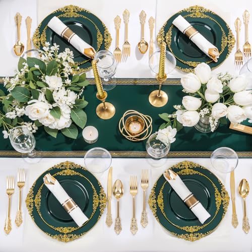 Nervure 175Pcs Green Plastic Plates, Disposable Party Plates for 25 Guests