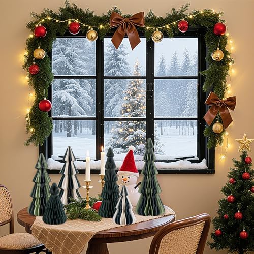 SUNBEAUTY 6PCS Honeycomb Christmas Trees Vintage Paper Christmas Tree Decor 3D Honeycomb Trees Table Centerpiece for Xmas New Year Holiday Party Home Decor (Green, White)