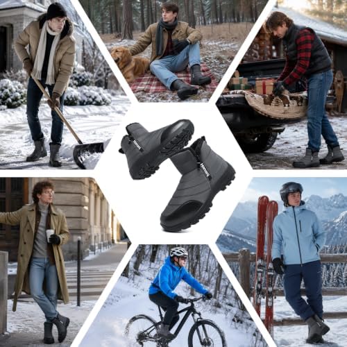 Hanani Mens Winter Snow Boots Fur Lined Warm Ankle Boots Zipper Closure Waterproof Outdoor Boots Men's Lightweight Comfortable Shoes