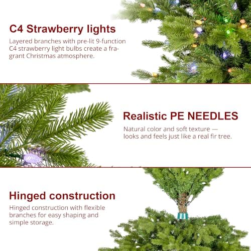 Glitzhome 9ft Prelit Artificial Christmas Tree, Full Realistic Green Glow Berry Fir Xmas Tree with 900 Warm White and Multi-Color Lights, 9 Functions with Foot Pedal, Simple Setup for Holiday Decor
