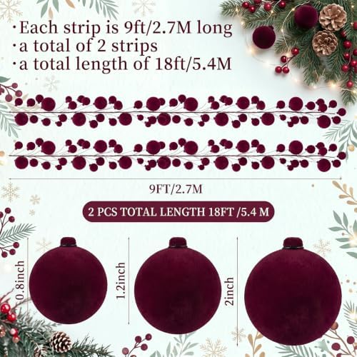 2 Pcs 9 ft Burgundy Velvet Christmas Ball Ornament Garland