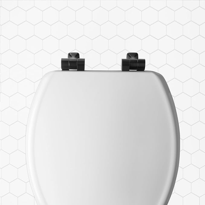 Mayfair Bennett Toilet Seat with Matte Black Hinges, Slow Close Wood Seat, Secure Metal Hinges, Easy Install, Made in USA, Elongated, White