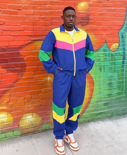 UOUA 80s Outfit for Men 90s Costumes 2 Piece Long Sleeve Track Suit Set