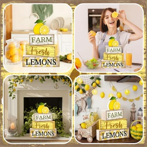 Moucuny 4 Pcs Summer Lemon Decor Summer Wooden Table Decorations