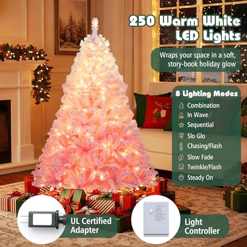 HAPPYGRILL 6 FT Pre-lit Flocked Christmas Tree Pink Hinged Xmas Tree with 820 Branch Tips, 250 Warm White LED Lights & Folding Metal Stand, for Home Office Carnival