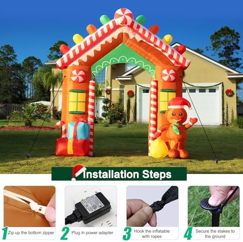 FunFanso 9 FT Christmas Inflatables Archway Outdoor Decorations, Gingerbread Man House Arch Blow Up Yard Decoration with Colorful Gift Boxes, Built-in LED Lights for Garden Porch Xmas Party Decor