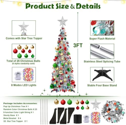N&T NIETING Pop Up Christmas Tree with Lights & Ornaments, 3FT, Silver