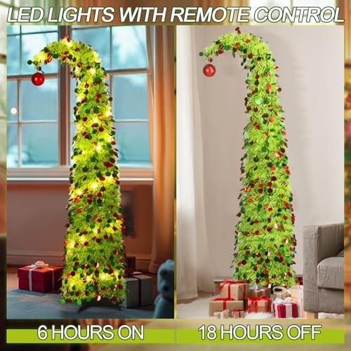 Aurelema 5 ft Whimsical Christmas Tree with 50 LED Lights Tinsel Green