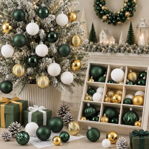 Lunmon 64 Pcs Christmas Ball Ornaments Emerald Green Champagne Gold White