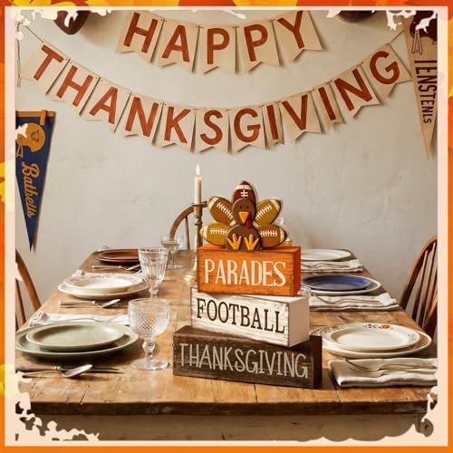 Lineshading 4 Pcs Fall Football Decor, Thanksgiving Turkey Wood Block Sign