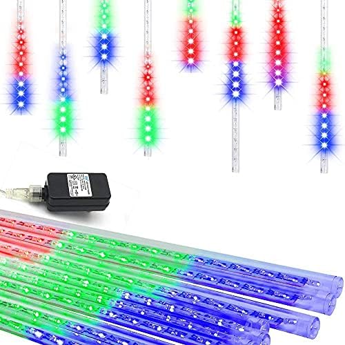 Weepong Meteor Shower Lights UL Certified 192LEDs 8 Tubes Falling Rain Drop Christmas Icicle Cascading Lights for Xmas Tree Halloween Decorations Wedding Party Holiday Garden Decor, Multicolor