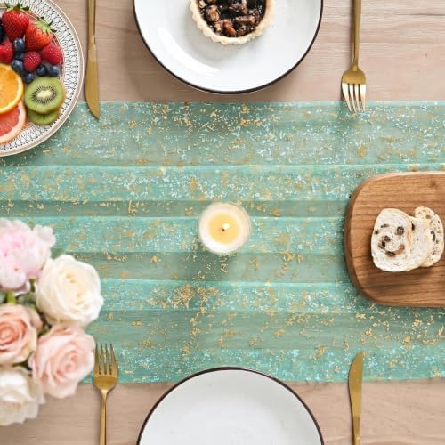 Artoid Mode 3Pcs Turquoise Gauze Gold Table Runner 10FT, Glitter Metallic Foil Sheer Dining Wedding Anniversary Holiday Table Decor for Home Party