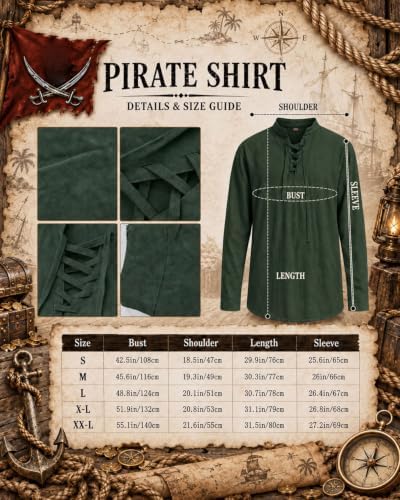 10PCS Pirate Costume for Men, Renaissance Medieval Viking Outfit for Halloween Cosplay with Shirt Pants Jewelry