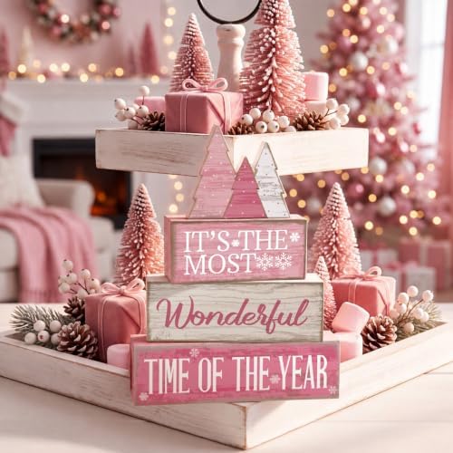 Moucuny 4 Pcs Christmas Table Decoration Wooden Pink Wooden Christmas Tree