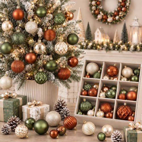 Lunmon 64 Pcs Earthy Christmas Ornaments Olive Green Copper Champagne Gold