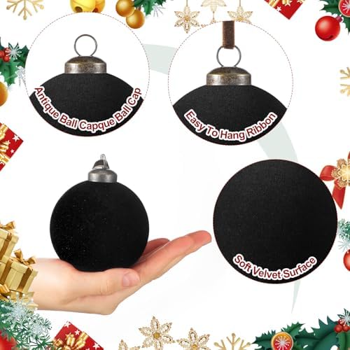 Foilswirl 36 Pcs Black Velvet Christmas Balls, 2.36", 2.76", 3.15"