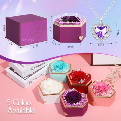 Preserved Real Rose with Necklace Forever Flowers Diamond shaped Box for Mom Wife Girlfriend Grandma on Mothers Day Birthday Valentines Christmas Anniversary Beatiful Gifts for women (Purple)